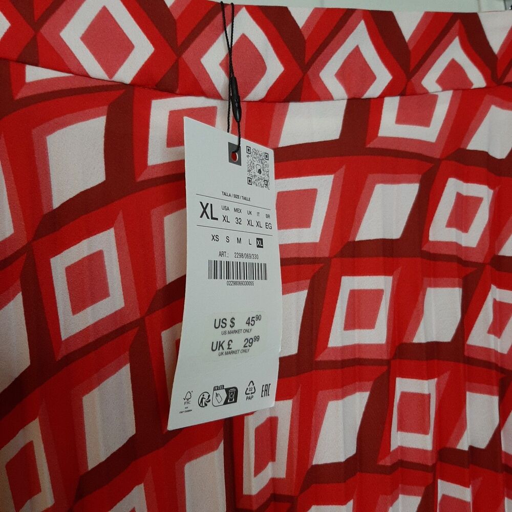 NEW Zara Red Geometric Print Mini Skirt Size XL Juniors Pleated Lightweight - Picture 5 of 9